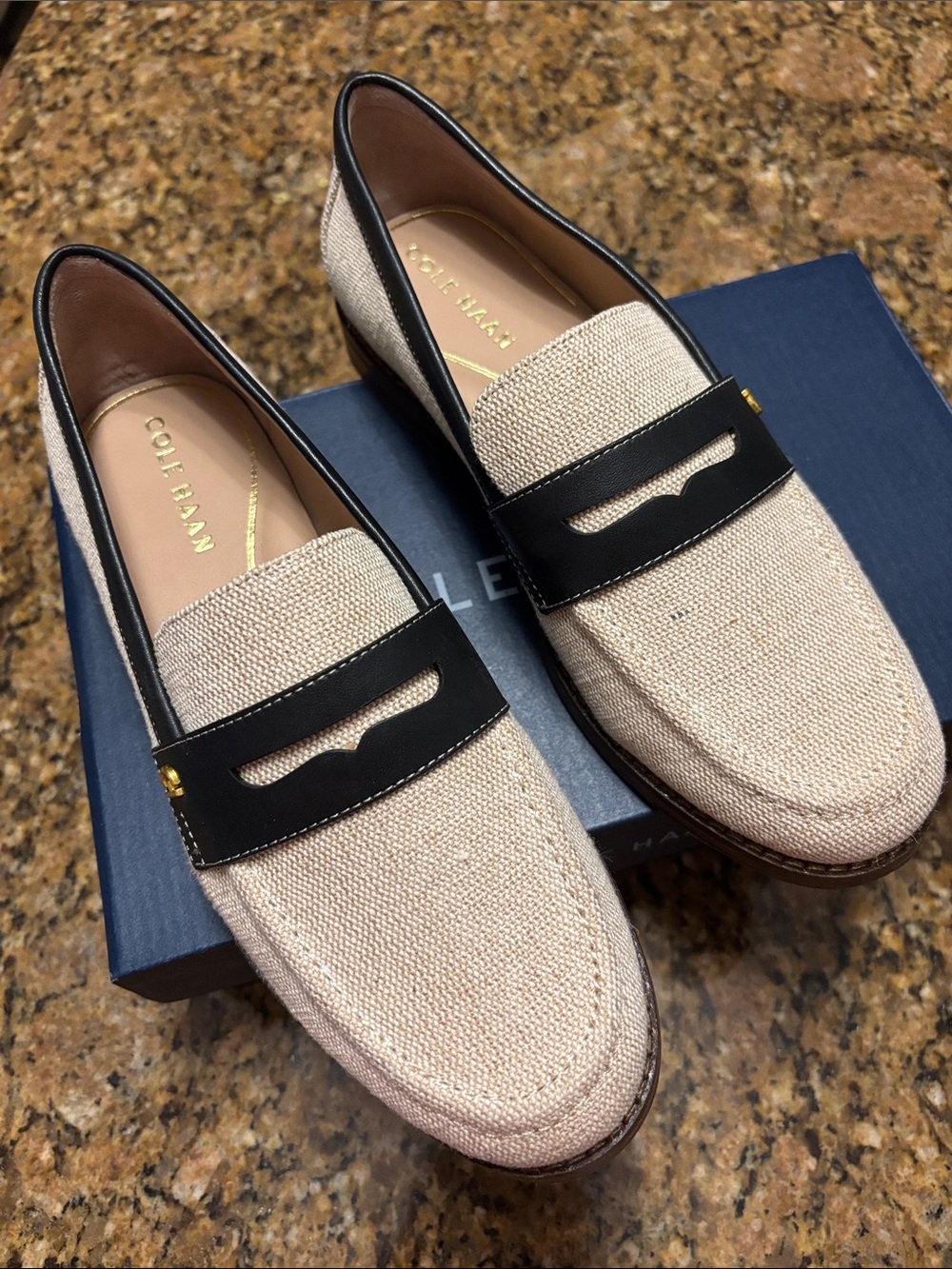 Cole Haan Beige Canvas Penny Loafers with Black Trim